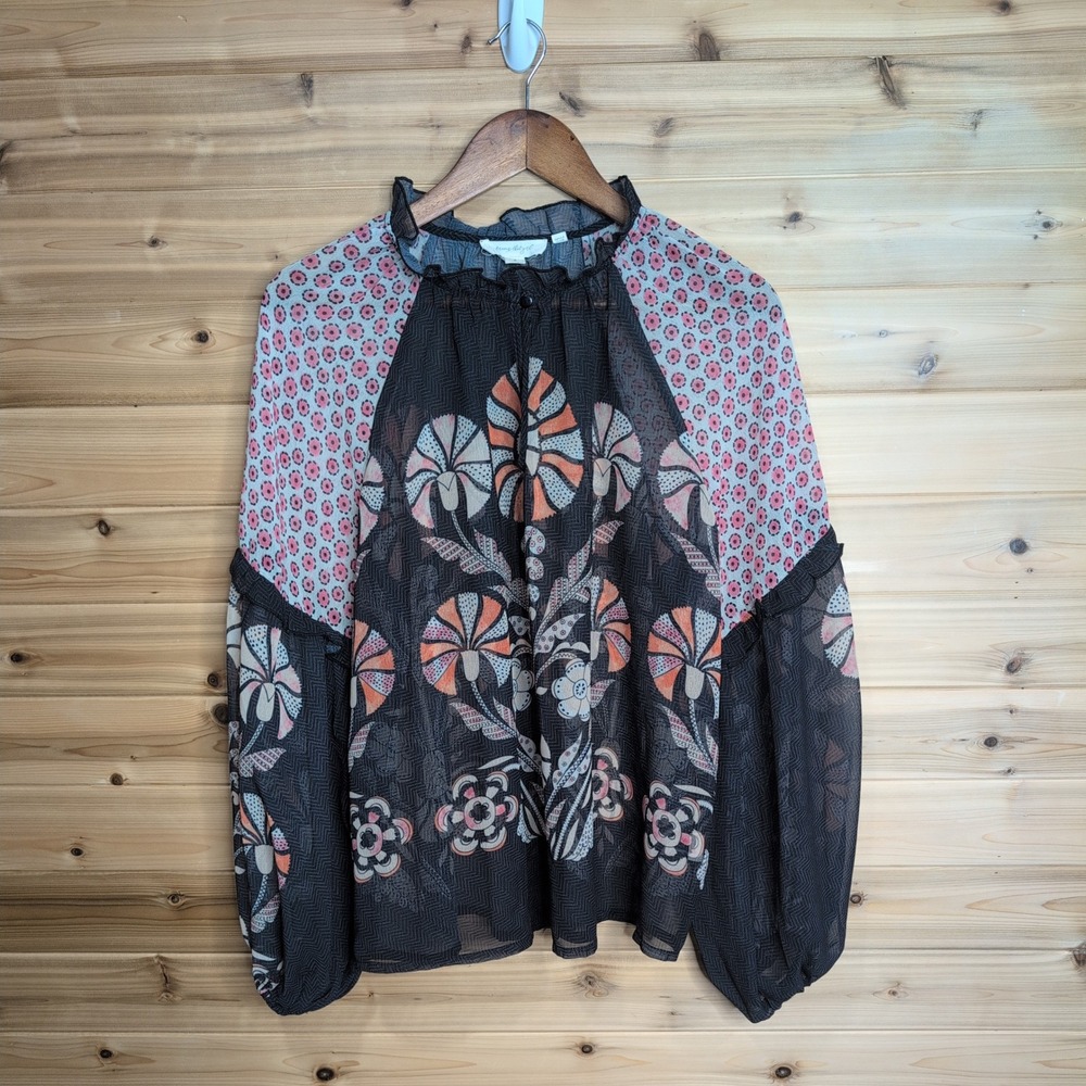 Anthropologie Floral Mixed Print Ruffle Neck Balloon Sleeve Blouse Small